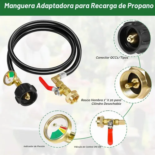 Vista 2 de Adaptador de Recarga de Propano para Tanques de 1 libra, Manguera Adaptadora de Tanque de Propano Mejorada de 3 pies/36 pulgadas con Medidor