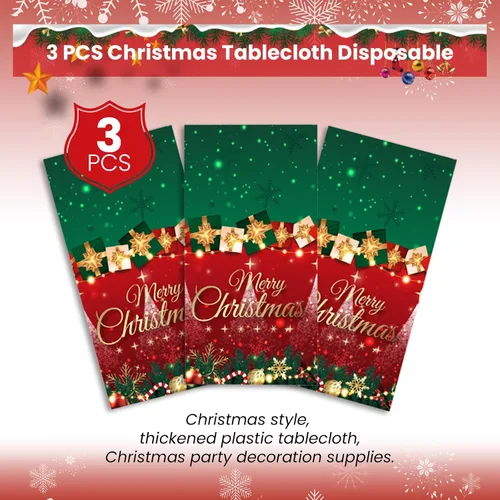 Vista 4 de 3 manteles de Navidad desechables, 54 x 108 pulgadas, mantel rectangular de plástico rojo con árbol de Navidad, muñeco de nieve, reno, Papá Noel
