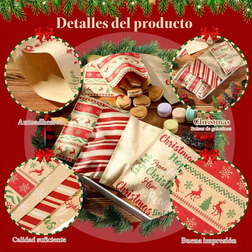 Vista 6 de Pasimy 100 bolsas de papel kraft de Navidad autoadhesivas, vintage