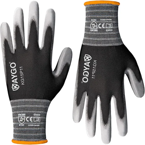 Vista 7 de KAYGO Guantes de trabajo con revestimiento de poliuretano 12 pares, KG15P, forro de nailon con revestimiento de poliuretano flexible, guantes