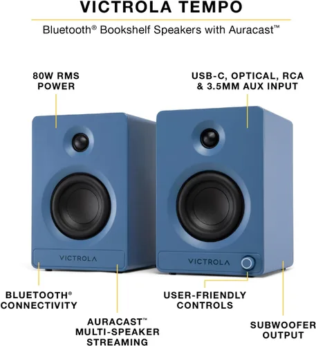 Vista 5 de Victrola - Tocadiscos Bluetooth completamente automático con cartucho Audio Technica ATN3600L y Victrola Tempo – Parlantes de estantería Bluetooth