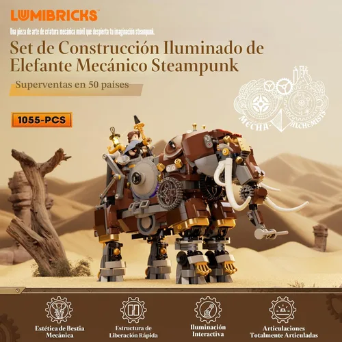Vista 2 de Lumibricks Steampunk Steamphant Juego de bloques de construcción de iluminación - Set de modelo mamut, colección de juego de bloques de construcción