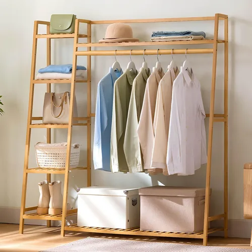 Vista 7 de Bamboo Clothing Garment Rack, Free Standing Clothes Coat Hanger, Closet Organizer w/Shoe Rack, Multi-tiered Wardrobe Storage Shelves, Clothes
