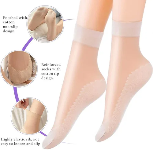 Vista 2 de Calcetines sedosos de nailon al tobillo 10 pares de medias de nailon de alta suavidad, medias sedosas, para mujeres, niñas, oficina, hogar