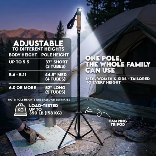 Vista 7 de SmartstickX Bastón táctico plegable con luz LED, carga USB, empuñadura de corcho y herramientas de supervivencia – Bastón de aluminio