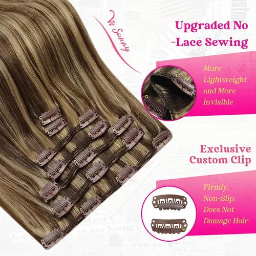Vista 6 de Ve Sunny Extensiones de cabello clip-in de cabello humano real con reflejos, extensiones de cabello con clip para cabello corto, marrón oscuro