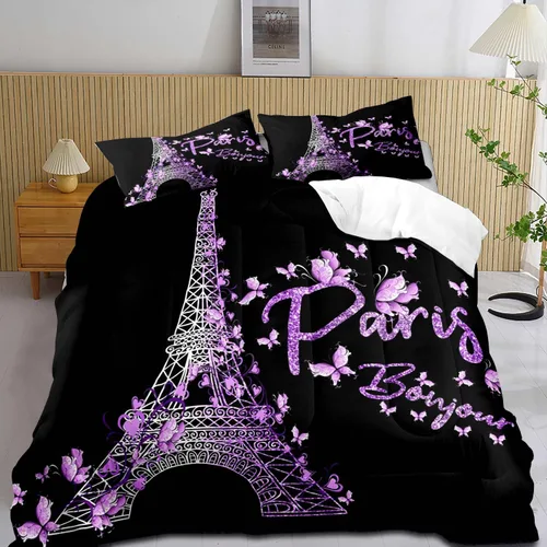 Vista 8 de LUVIVIHOME Juego de edredón de París de 2 piezas, tamaño individual, juego de ropa de cama de la Torre Eiffel francesa, juego de ropa de cama