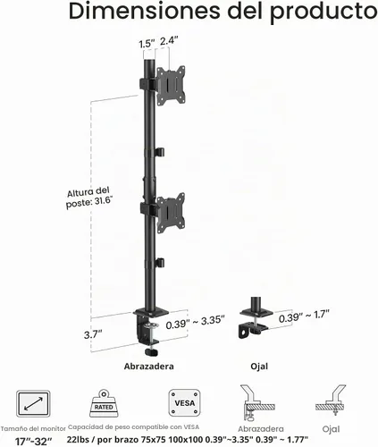 Vista 8 de MonTEK - Soporte doble apilado para monitor de 17 a 32 pulgadas, 22 libras cada uno