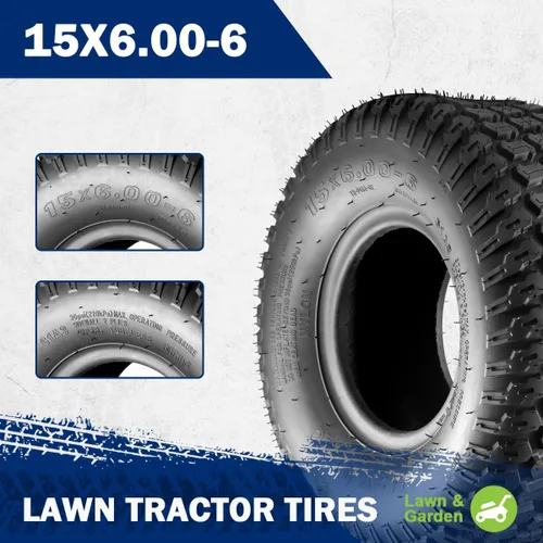 Vista 2 de MaxAuto Fox V2 - Juego de neumáticos para cortacésped (15x6.00-6), Reemplazo de neumático 15x6x6nhs para cortacésped, Tractor de jardín, Neumático