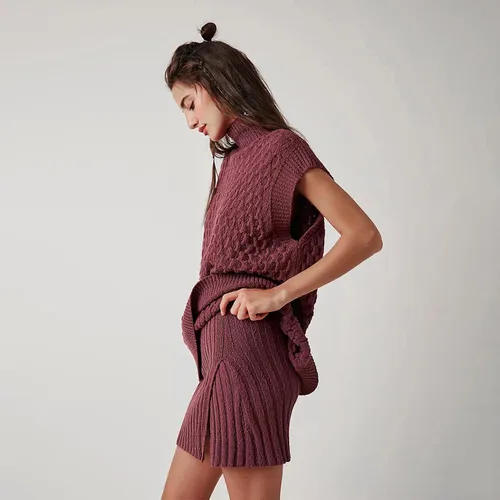 Vista 4 de Muineobuka Conjunto de 2 piezas para mujer, sin mangas, cuello alto, suéter de punto, chaleco sin mangas y minifalda ajustada acanalada dividida