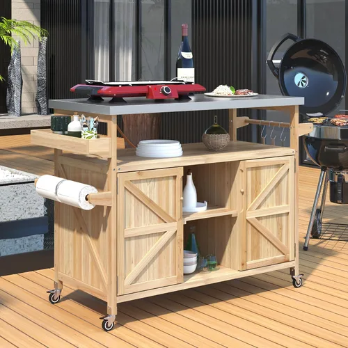 Vista 29 de Delicate Rolling Kitchen Island Cart with Rubber Wood Drop-Leaf Countertop and Lockable Rollers,Storage Cabinet and 2 Drawers,Sliding Barn Door