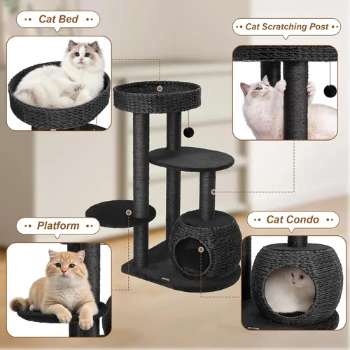 Vista 5 de KAMABOKO Árbol moderno para gatos, 39 pulgadas de alto para gatos de interior, condominio natural con postes rascadores, torre tejida a mano