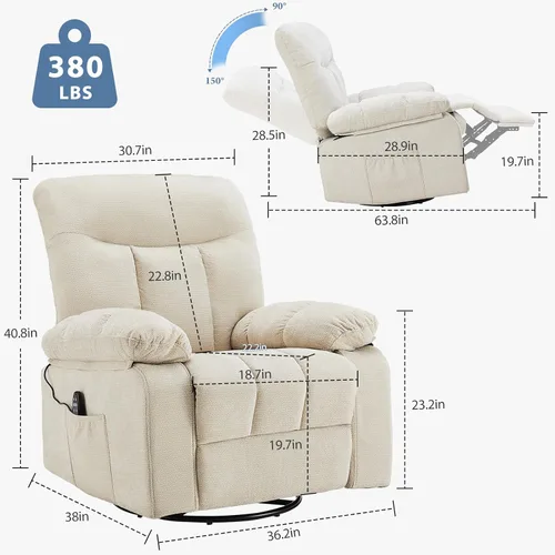 Vista 3 de DUMOS Rocker - Silla reclinable giratoria con masaje por vibración y calefacción lumbar, sillón reclinable de tela de felpilla giratoria de 270°