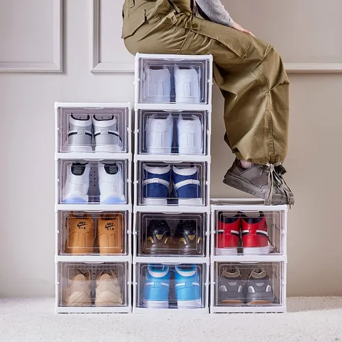 Vista 4 de GUDEMAY Caja de almacenamiento de zapatos con tapa frontal, sin montaje, apilable, organizador de zapatos con puerta transparente, estante