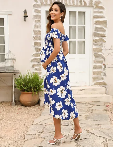 Vista 5 de KOJOOIN Vestido de maternidad para baby shower, sesión de fotos, verano, fruncido, hombros descubiertos, manga corta, vestido de embarazo