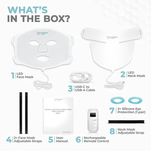 Vista 8 de Nourished Bodynskin Máscara facial y cuello con terapia de luz LED, dispositivo de cuidado de la piel facial, 7 colores rojo y azul