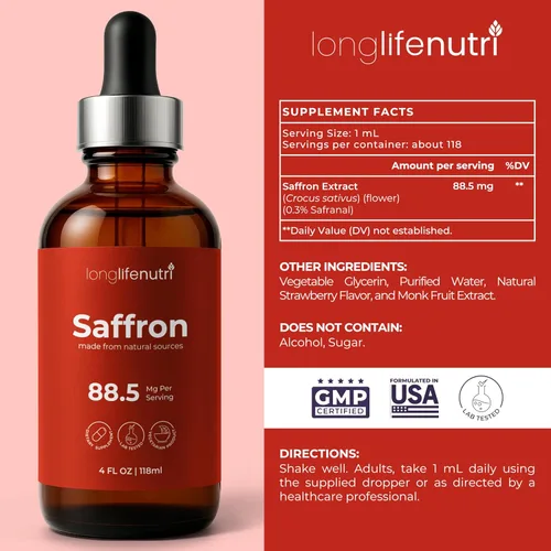 Vista 2 de LongLifeNutri Gotas de extracto de azafrán, suplemento líquido de 4 onzas líquidas, fórmula herbaria de 88.5 mg, cápsulas de salto, formato