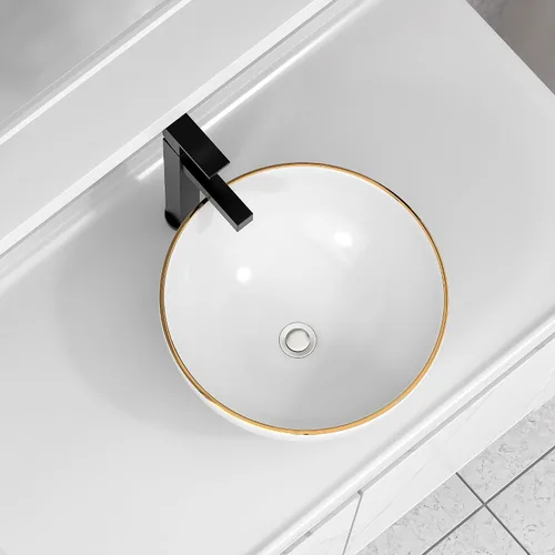 Vista 3 de Fregadero de recipiente blanco redondo - Fulorni 33x33 cm Lavabo de baño de cerámica de porcelana con borde dorado sobre encimera, fregadero