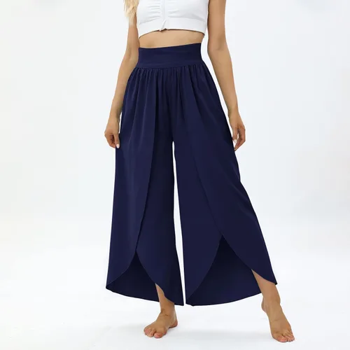 Vista 7 de Bemona Pantalones de pierna ancha para mujer, pantalones de yoga de cintura alta con aberturas, pantalones casuales de playa palazzo para mujer