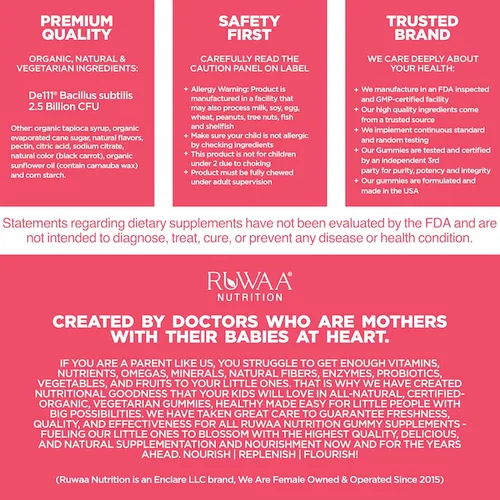 Vista 8 de RUWAA NUTRITION Gomitas probióticas orgánicas para niños para la salud digestiva, apoyo inmunológico, estreñimiento, hinchazón. 2.5 mil millones