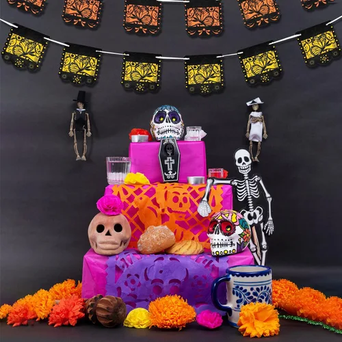 Vista 5 de Pancarta pequeña del Día de los Muertos con diseño de mariposa monarca mexicana, pancartas para fiesta de papel picado, Día de los Muertos