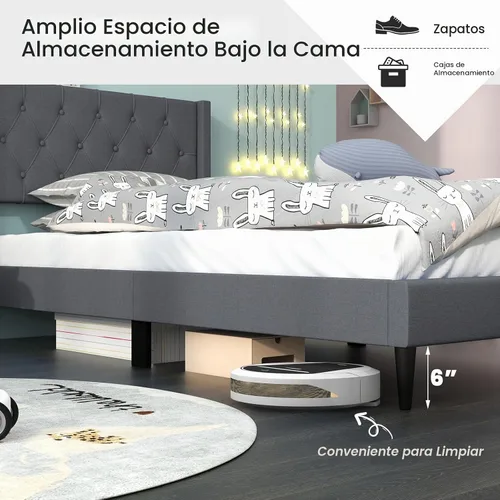 Vista 5 de Giantex Base de cama de plataforma de tamaño individual con respaldo de alas, base de cama tapizada de tela con cabecera capitonada con botones