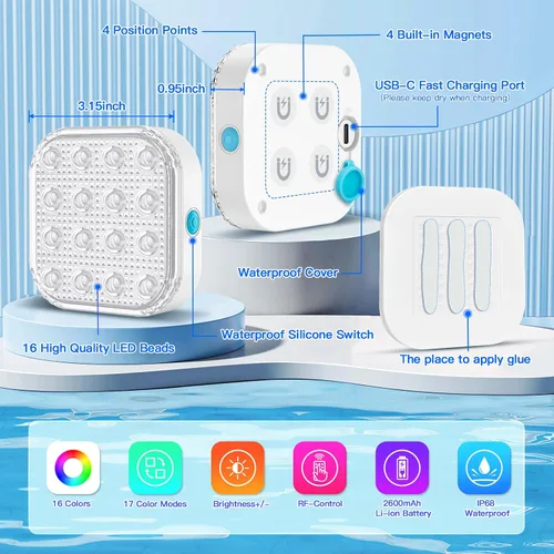 Vista 2 de Luces LED sumergibles con control remoto, luz LED subacuática impermeable, batería recargable, lámpara de 16 colores cambiantes, luces sumergibles