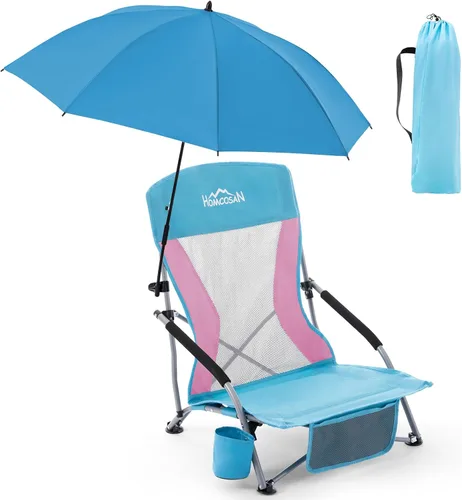 Vista 10 de Homcosan Silla de playa portátil baja plegable con paraguas desmontable, silla de campamento ligera para adultos con portavasos y bolsillo