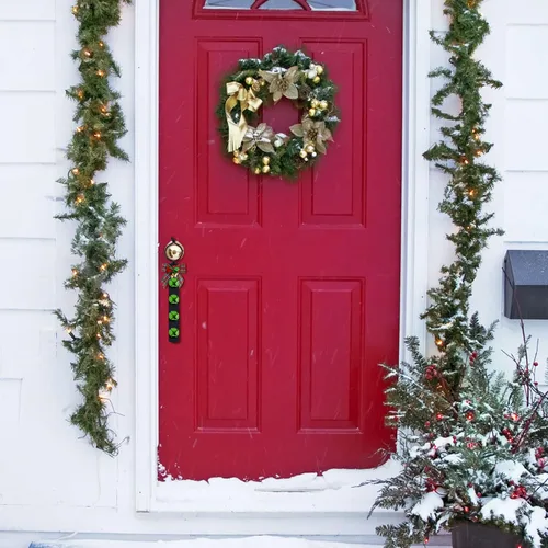 Vista 5 de Hungdao 4 campanas de Navidad para perilla de puerta, timbres de puerta de perro de Navidad con lazo, campana de bienvenida para decoración