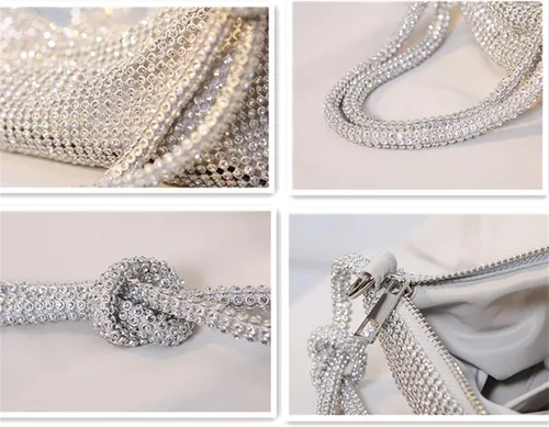 Vista 4 de Monederos brillantes para mujer, bolsos de mano con diamantes de imitación, bolsa de lentejuelas metálicas para fiestas, bodas, discotecas, bailes