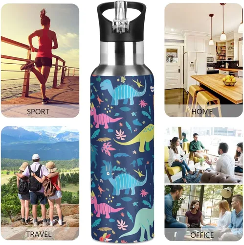 Vista 5 de Stainless Steel Water Bottle 20 Oz, BPA-Free Sport Water Bottle Insulated for Gym Outdoor Travel School, Dinosaurs Tropical Navy Blue
