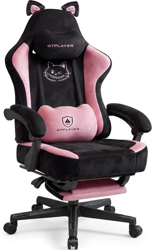 Vista 9 de GTPLAYER Silla de juegos linda con orejas de gato, ergonómica con bordado de perro, soporte lumbar de espuma viscoelástica ajustable y Marrón