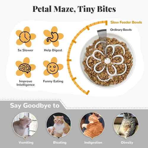 Vista 3 de Cuenco de melamina para gatos de alimentación lenta – Plato de comida para gatos con laberinto floral – Plato plano para alimentos secos y húmedos