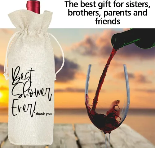Vista 6 de Bolsa de vino Best Shower Ever: bolsa de arpillera personalizada con cordón para ideas de regalo de anfitrión de ducha