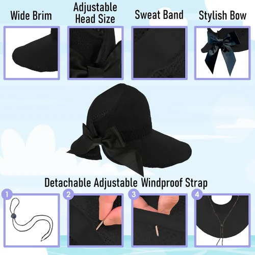 Vista 4 de Visera solar de paja para mujer, sombrero de playa con protección UPF 50+, ajustable, gorra de cola de caballo plegable enrollable con correa