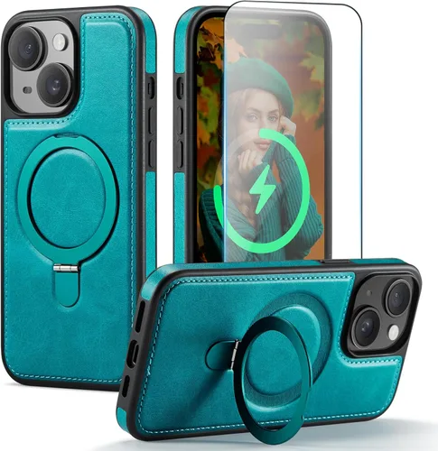 Vista 16 de Funda para iPhone 13 con soporte compatible con Magsafe, color negro Magnetic Kickstand, with Tempered Glass Screen Protector, Durable PU Leather