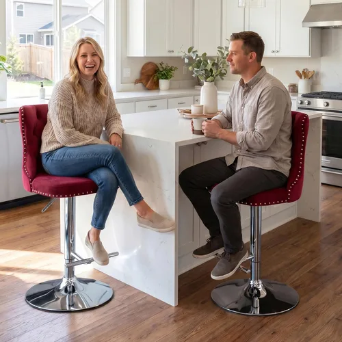 Vista 62 de SoarFlash Juego de 2 taburetes de bar tapizados de terciopelo moderno con patas de madera, botones acolchados, cabeza de clavo cromada, asiento