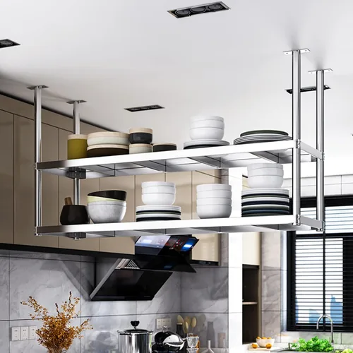 Vista 4 de Shelves Whftd Double Iayer 304 Stainless Steel Ceiling Storage Shelf, Hanging Floating Shelves, for Restaurant Bar Display Stand/Decorative Storage