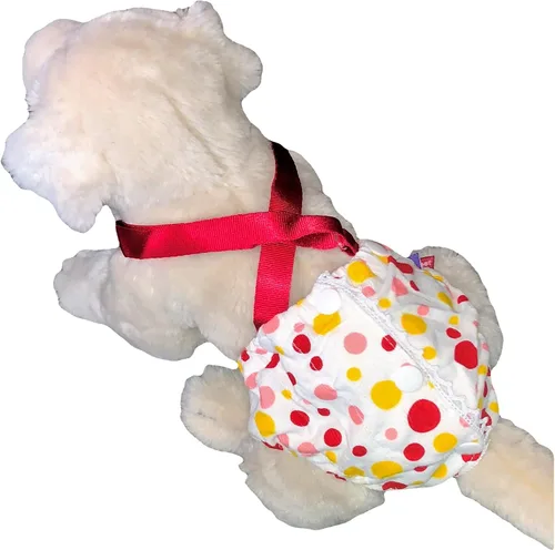 Vista 8 de Pañal para perro hembra con tirantes de algodón, reutilizable, lavable, para razas de perros pequeñas (azul, pequeño: cintura de 10 a 13 pulgadas)