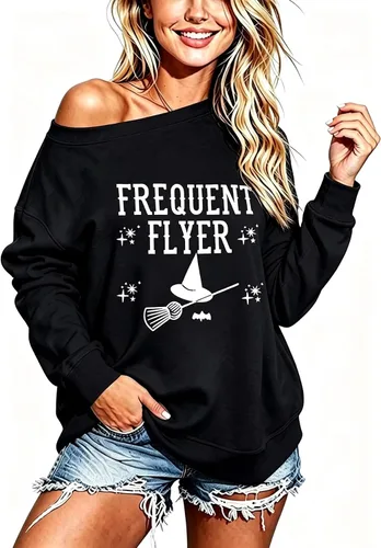 Vista 18 de Sudadera holgada de manga larga con hombros descubiertos para mujer de Halloween Gorro de Navidad negro