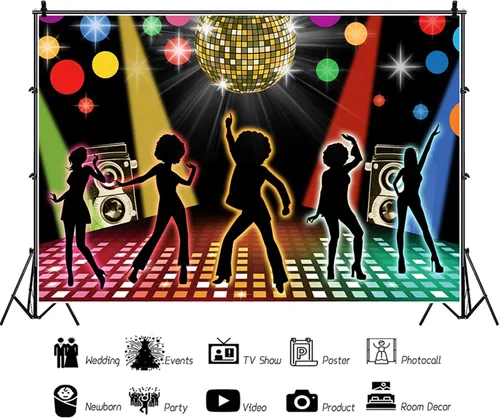 Vista 3 de Telón de fondo de fiesta de discotecas de 5 x 3 pies, discotecas neón para adultos de regreso a los años 60, 70, 80, 90, discotecas bailando noche