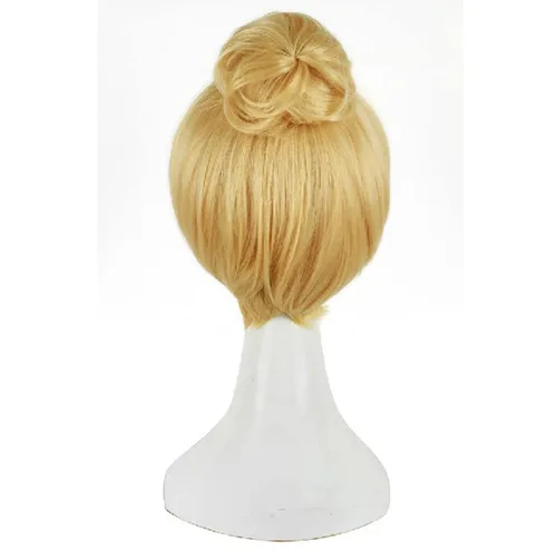 Vista 4 de Peluca de cosplay de princesa Tinker Bell Tinkerbell de pelo corto rubio con moño, resistente al calor, pelucas de disfraz de cosplay + gorra