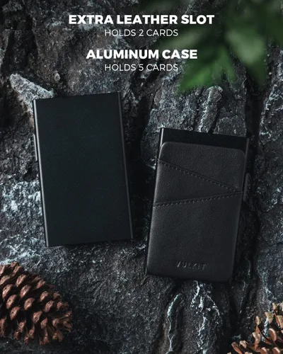 Vista 3 de VULKIT Cartera desplegable con ranuras de cuero extra con bloqueo RFID, funda delgada de metal para tarjetas, Negro