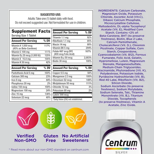 Vista 9 de Centrum Silver - Multivitamínico para mujeres 50 Plus, suplemento multivitamínico/multimineral con vitamina D3, vitaminas B, ingredientes sin OMG