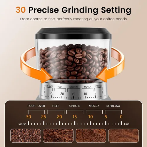Vista 6 de Molinillo de café eléctrico, molinillo de granos de café Emojoy con 30 ajustes de molienda, molinillo de café con pantalla táctil para uso