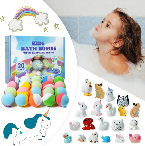 Vista 3 de Set de regalo de bomba de baño con juguetes en el interior, paquete de 20 bombas de baño orgánicas para niños, bolas gaseosas hechas a mano seguras