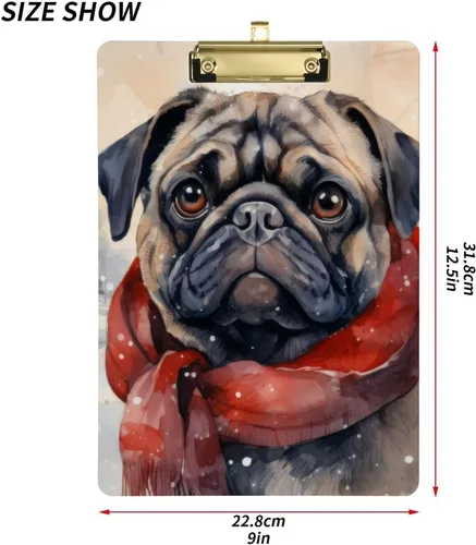 Vista 3 de Vnurnrn Portapapeles de plástico-Pug campo de nieve con gancho tamaño A4 12.5 X 9 pulgadas clip dorado para dibujo oficina