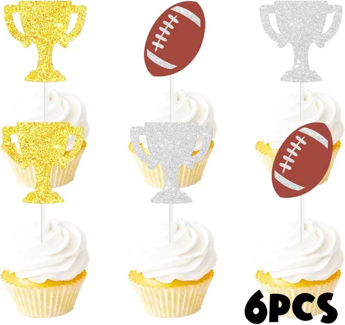 Vista 3 de Decoración para cupcakes de postre con purpurina roja, 6 unidades, para un jugador de fútbol, decoración de trofeo, decoración temática deportiva