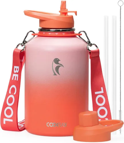 Vista 29 de Botella de agua Coolflask de 40 onzas con correa, botella de agua metálica aislada con popote y tapas con pico, acero inoxidable de doble pared al