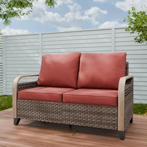 Vista 13 de Sofá de mimbre para patio, sofá para exteriores, 3 asientos Marrón/Gris
